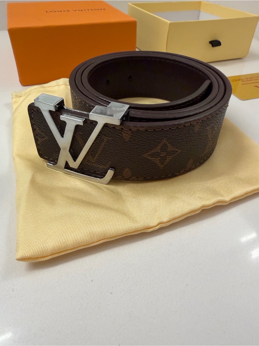 Louis Vuitton LV Initiales Monogram Canvas Belt Brown Silver Buckle